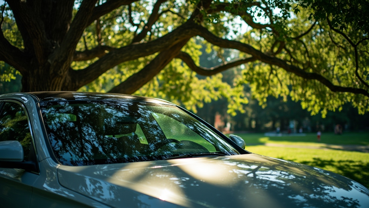 Essential Products to Safeguard Your Auto Glass 2 A car parked under a tree in a sunny park, showing dappled sunlight on the windshield, highlighting auto glass protection and windshield damage prevention.