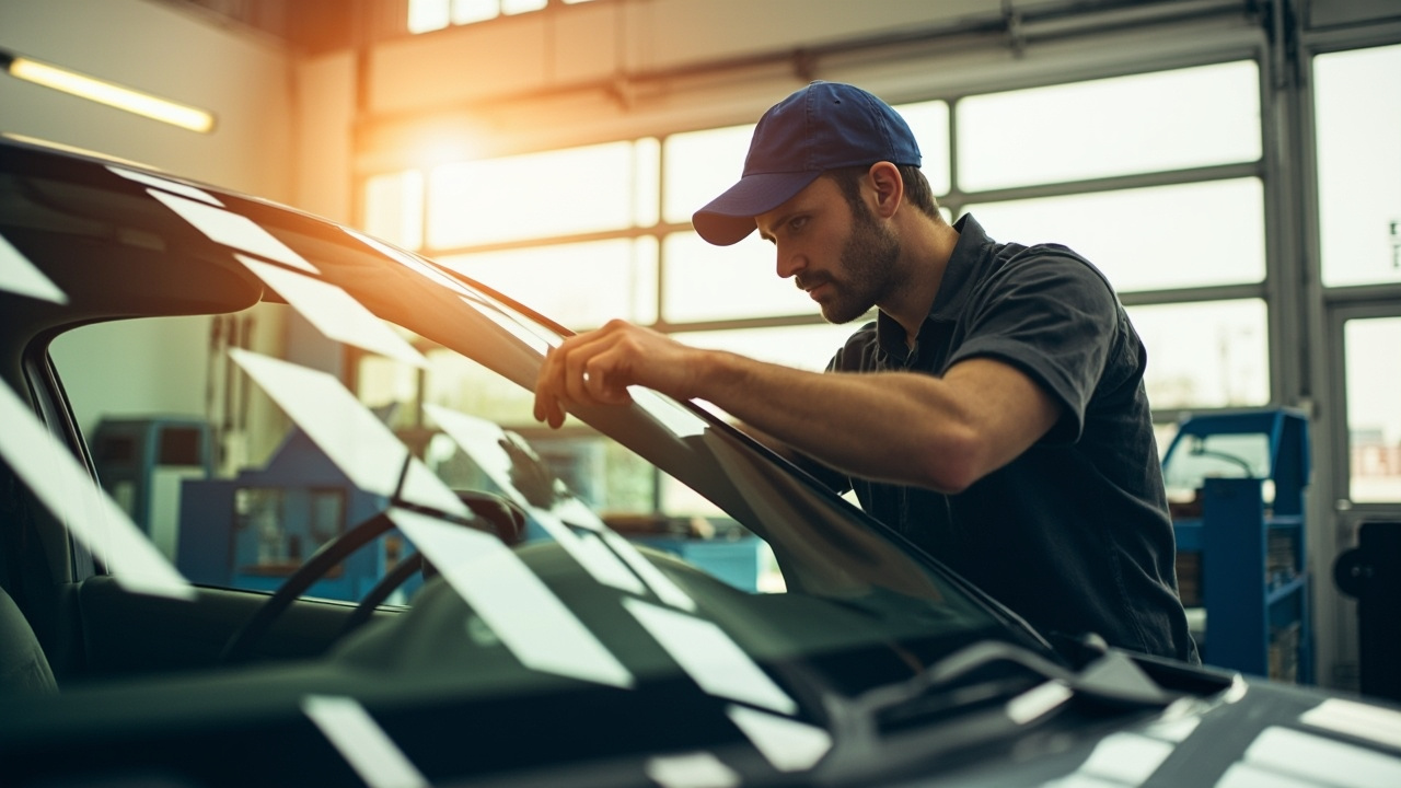 Essential Products to Safeguard Your Auto Glass 3 A professional auto glass technician from uni auto glass houston examining a car windshield with care, focusing on the technician's concentrated expression with tools in soft focus, highlighting auto glass protection and windshield damage prevention.