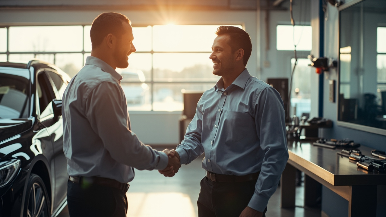 Are DIY Windshield Repair Kits Worth It? 2 A satisfied customer shaking hands with a professional auto glass technician in a modern service center, highlighting trust and satisfaction, with diy windshield repair kit and auto glass repair context.