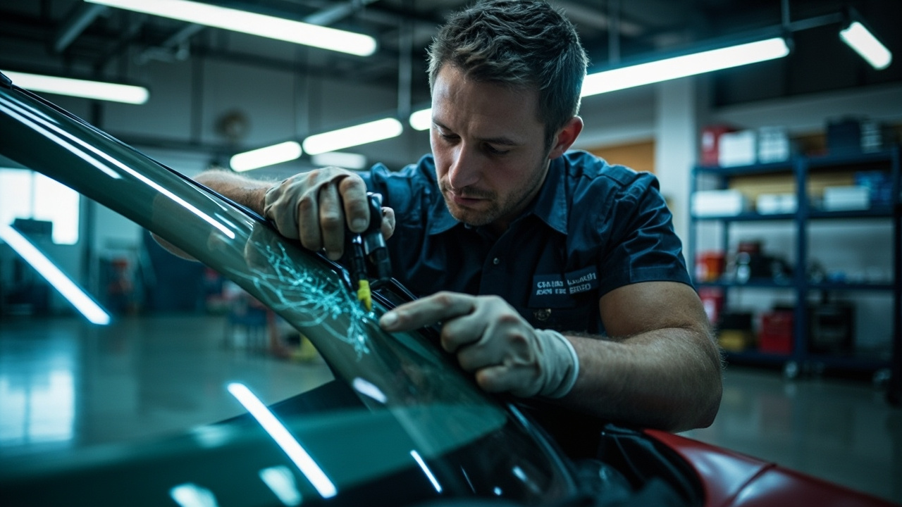 Trustworthy Auto Glass Service in Houston 1 A skilled technician repairing a windshield with precision tools in a modern garage, highlighting auto glass repair and windshield replacement services in houston auto service.