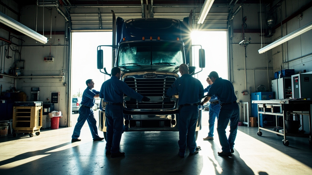 Trustworthy Auto Glass Service in Houston 2 Technicians at a houston auto service center working on a commercial truck's windshield, demonstrating auto glass repair and windshield replacement.