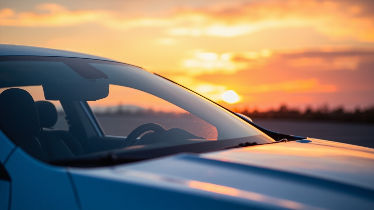 Easy Steps to Install Your Wiper Blades 3 A peaceful scene of a car with a sparkling clean windshield at sunset, illustrating the need for auto glass maintenance and wiper blade replacement.