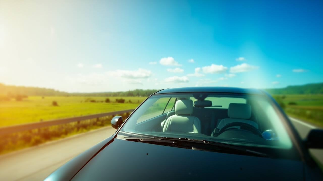 Say Goodbye to Windshield Specs in Sunlight 3 View of a wide open road and clear blue skies on a sunny day through a perfectly clean car windshield, highlighting the importance of windshield cleaning to reduce glare and improve auto glass maintenance.