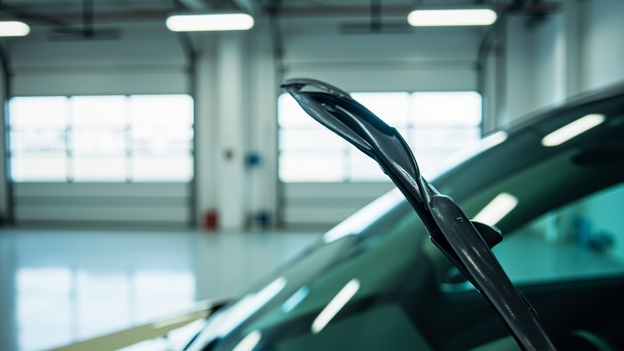 Easy Steps to Install Your Wiper Blades 2 Illustrative photo showing a common mistake during wiper installation with a loose wiper blade nearly detaching from the arm in a clean garage setting, highlighting the importance of proper auto glass maintenance and wiper blade replacement.