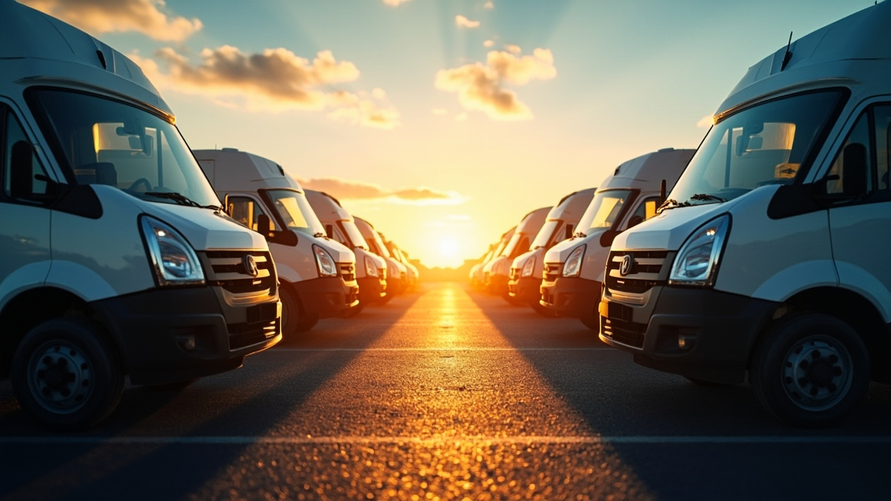Efficient Auto Glass Repair Strategies for Fleet Managers 1 A serene commercial fleet at dawn, showcasing immaculate vehicles under sunrise, highlighting fleet managers' success in auto glass repair and cost savings.
