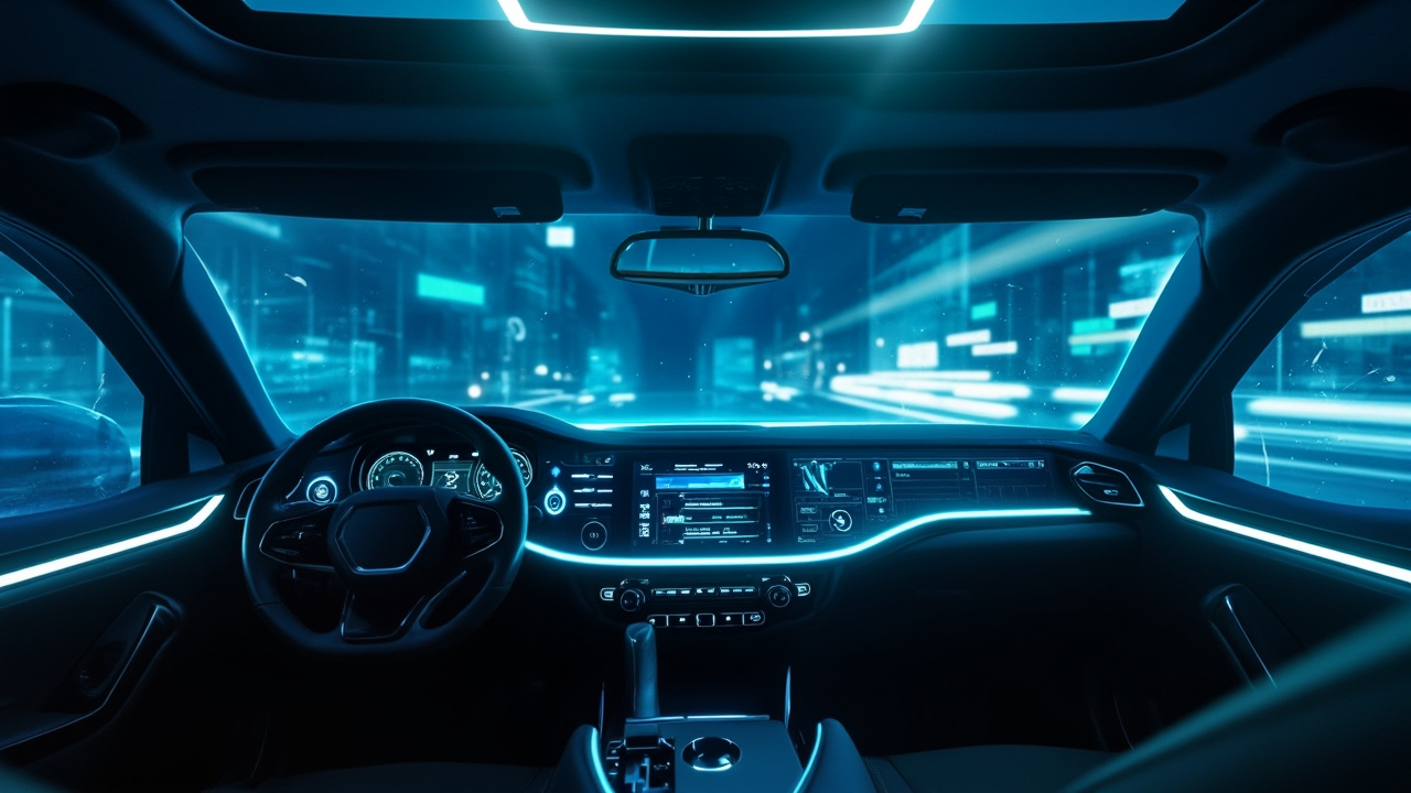 Efficient Auto Glass Repair Strategies for Fleet Managers 2 A futuristic dashboard inside a modern fleet vehicle displaying digital alerts and diagnostics focused on auto glass repair. Captured with ambient interior lighting, emphasizing innovation in vehicle management.