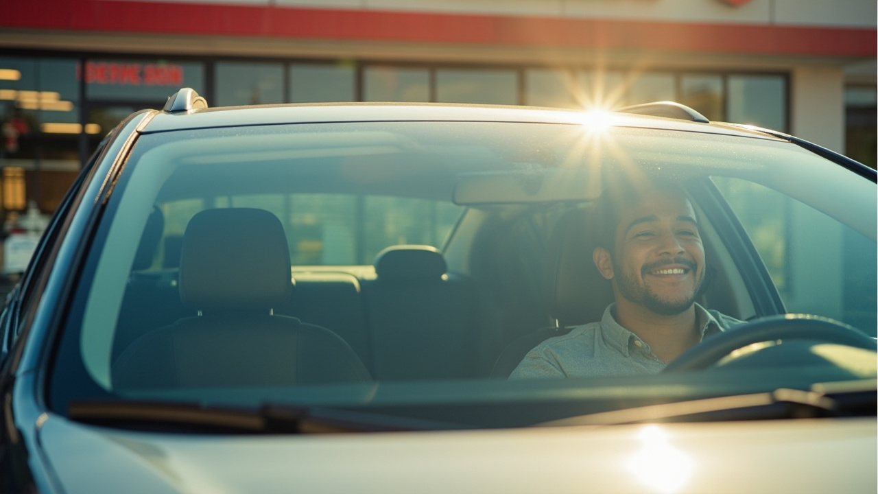 Trustworthy Auto Glass Service in Houston 3 A happy customer driving away from a houston auto service center after a windshield replacement, showcasing a clear and new windshield.