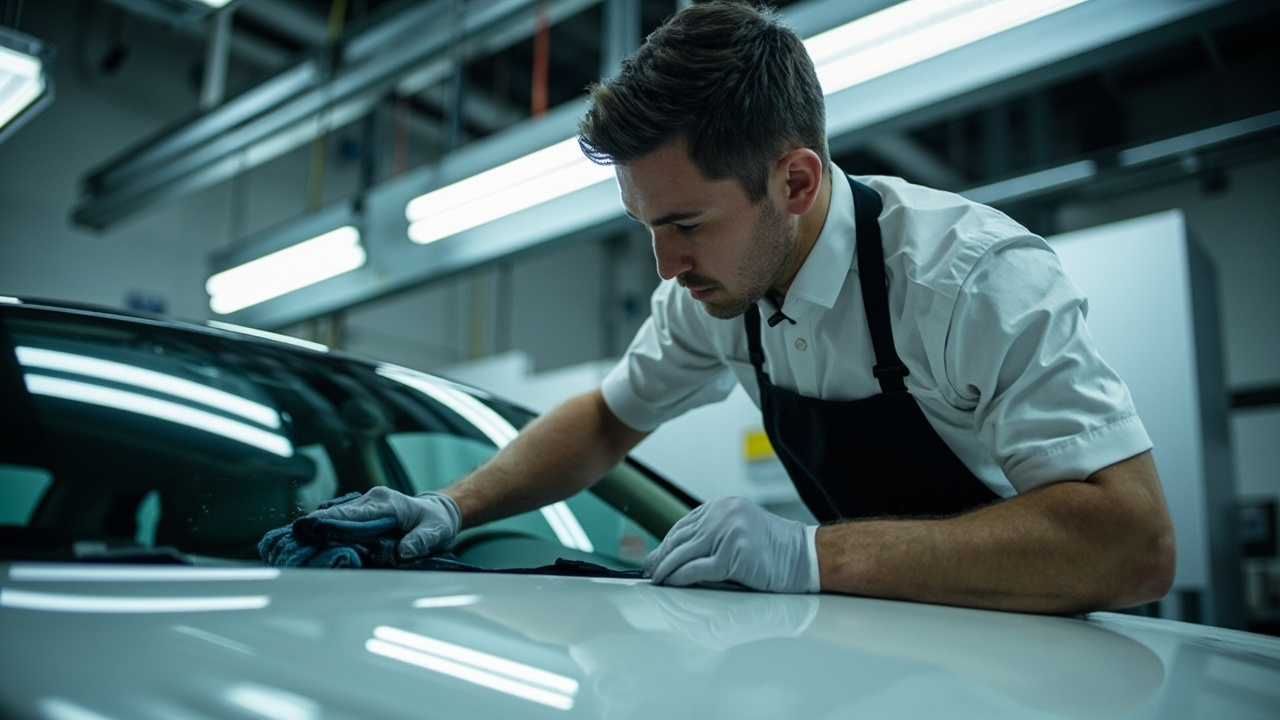Say Goodbye to Windshield Specs in Sunlight 2 A professional cleaner from uni auto glass houston meticulously polishing a car windshield in a workshop, emphasizing windshield cleaning and reducing glare with expertise.