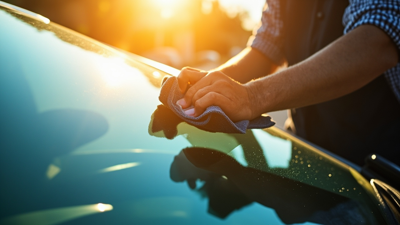 Say Goodbye to Windshield Specs in Sunlight 1 A person cleaning a car windshield with a microfiber cloth under bright sunlight, highlighting windshield cleaning and reducing glare during auto glass maintenance.