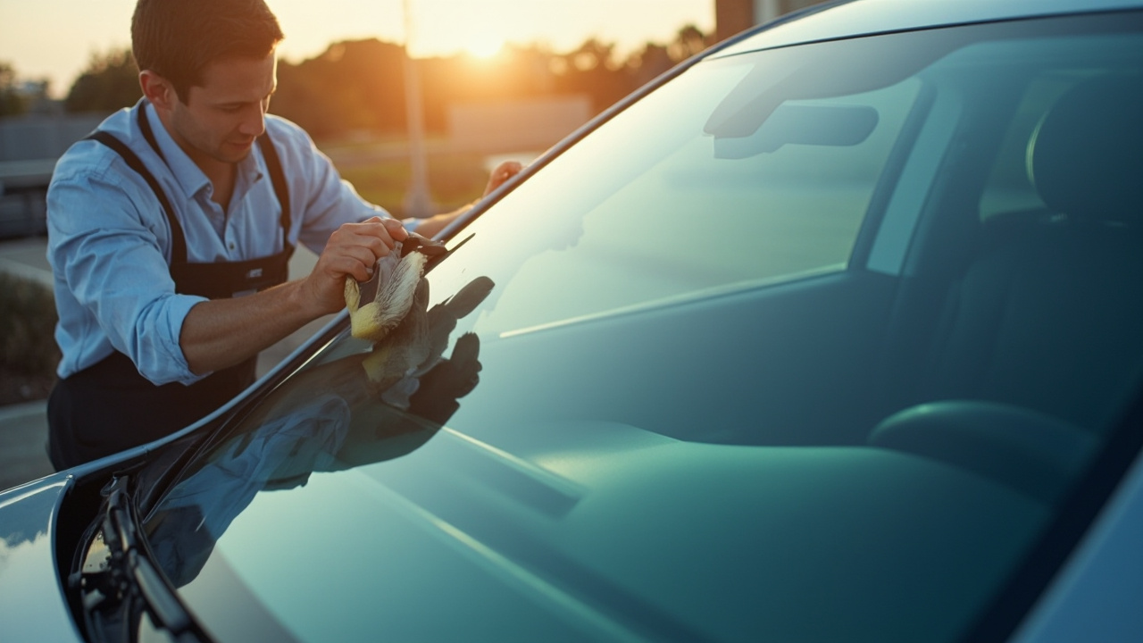 Windshield Replacement for 2025 Cars 2 Close-up of a person cleaning a new car windshield outdoors, highlighting pristine auto glass in a 2025 vehicle in houston.