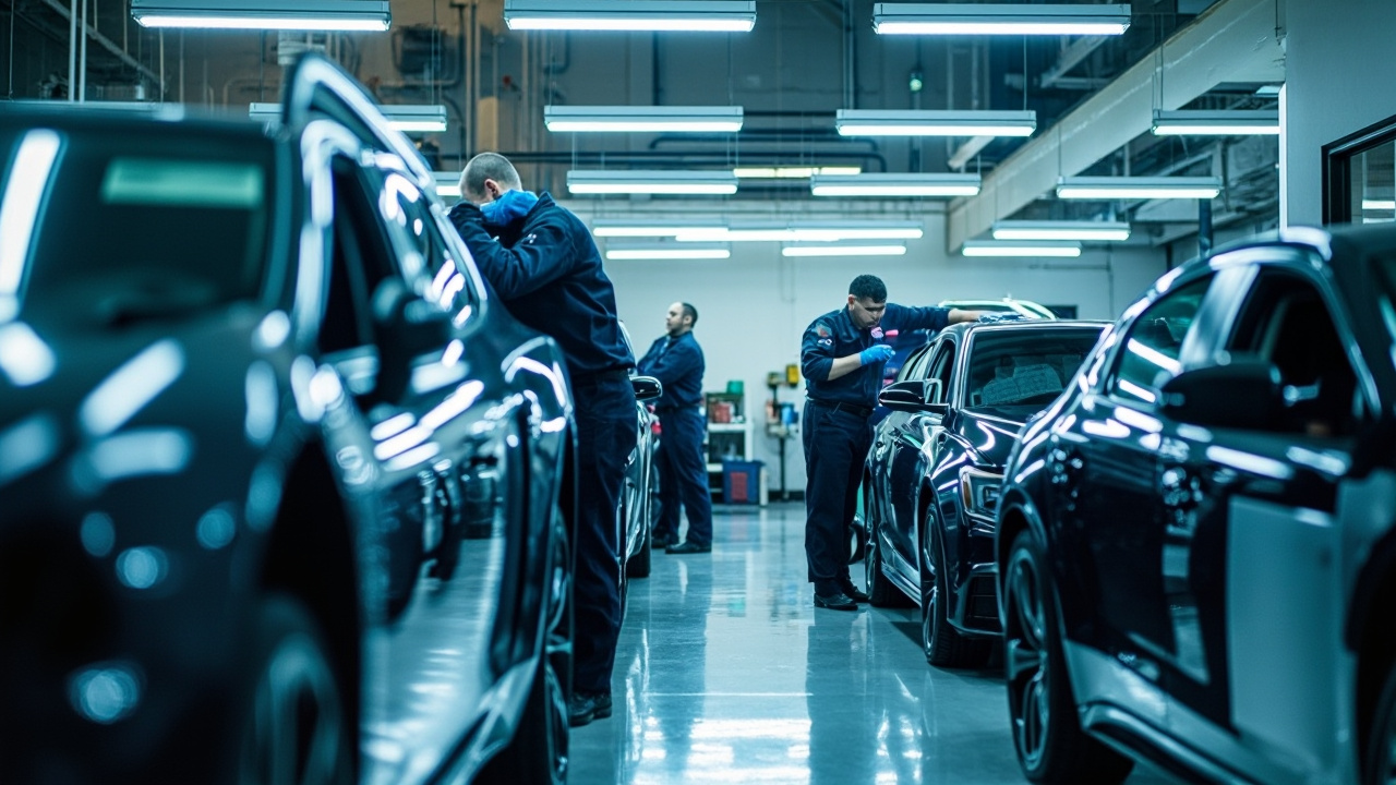 Houston Windshield Replacement Cost in 2025 2 Team members at a houston auto glass service center diligently working on windshield replacements, showcasing cost-effective solutions for windshield repair.
