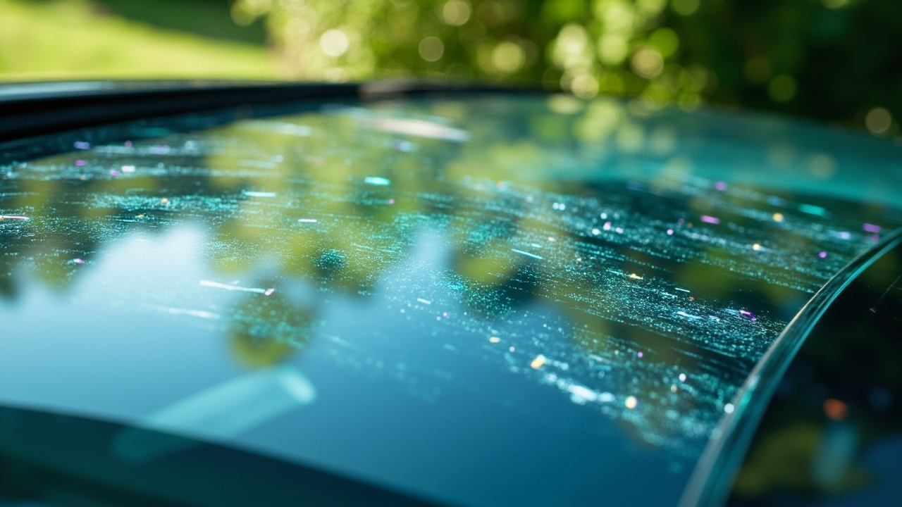 What Will Our Windshields Look Like in 10 Years? 2 A close-up of a futuristic clear auto glass panel featuring holographic layers that represent data flows and energy efficiency, with a blurred green landscape background.
