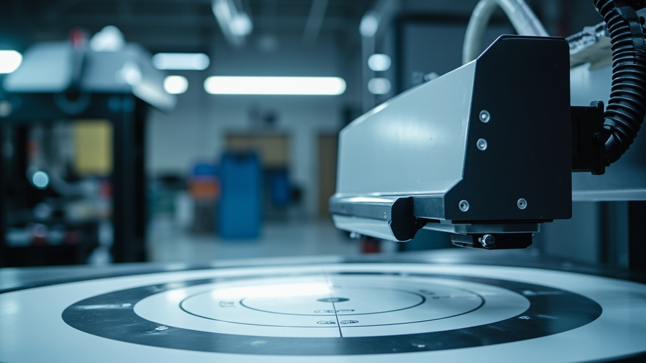 ADAS Needs Recalibration After Windshield Repair? 1 High-end diagnostic machine with a large screen set up for adas recalibration in a sterile auto repair bay in houston, with calibration targets positioned precisely in front of a car.