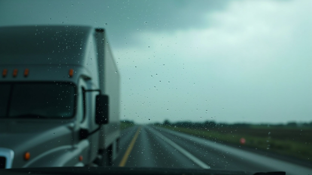 ADAS Needs Recalibration After Windshield Repair? 3 A wide-angle view from slightly behind and above a large semi-truck driving on an overcast highway. Subtle rain streaks are visible on the truck's windshield, hinting at the need for potential adas recalibration or windshield repair services, especially relevant for auto glass in houston.
