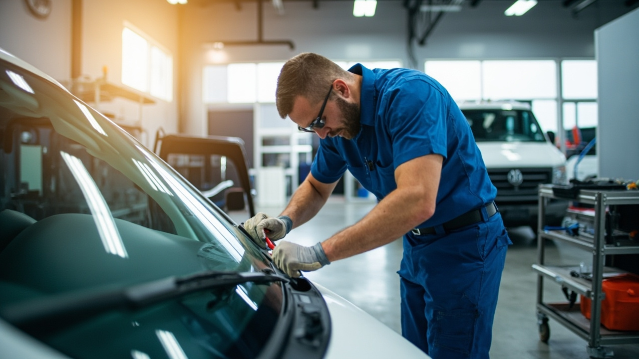 Fast Auto Glass Service, Real Warranty 2 A skilled technician in a clean uniform applying adhesive to a new windshield on a commercial van in a modern auto glass repair shop in houston, with tools organized on a cart and other vehicles in the background.