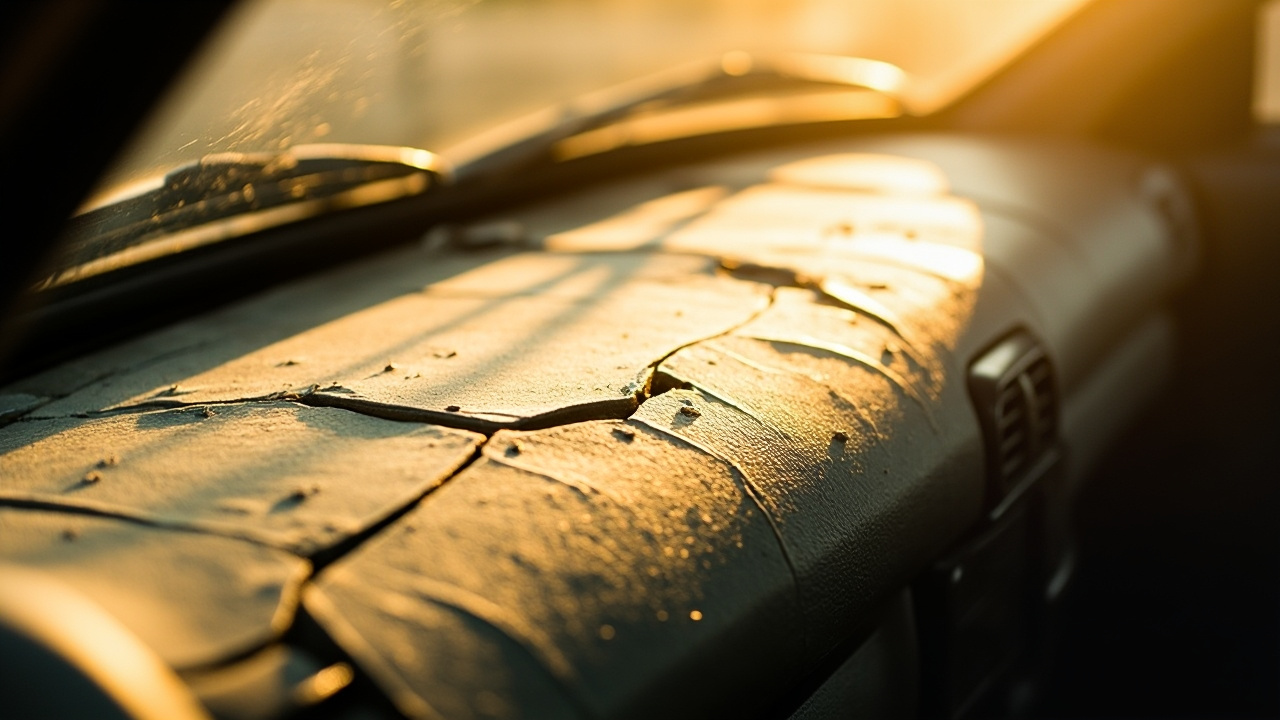 Houston Heat? Tint Your Car 1 Close-up of a faded and cracked car dashboard, with harsh sunlight streaming through an untinted window, highlighting the textured damage. This image illustrates the impact of heat and uv rays, relevant to window tinting in houston and heat rejection film.