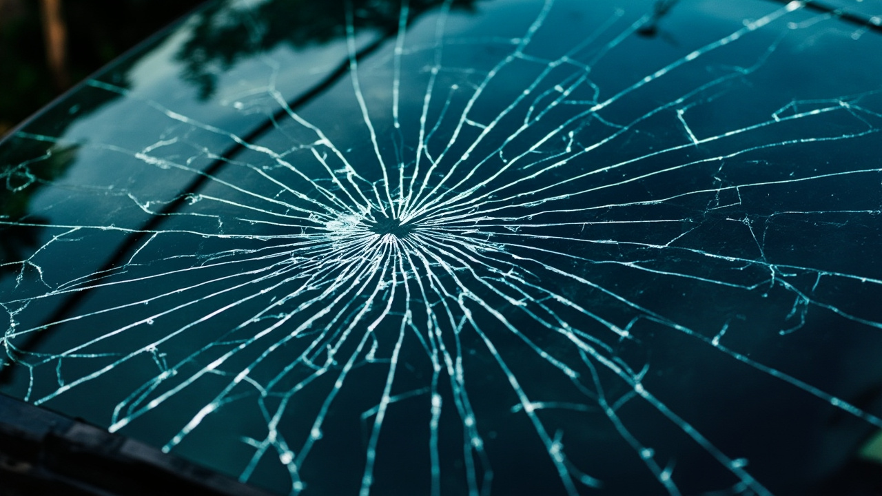 Drive with a Cracked Windshield? 1 Close-up of a cracked windshield displaying an intricate spiderweb crack, relevant for discussions on cracked windshield legality in houston.