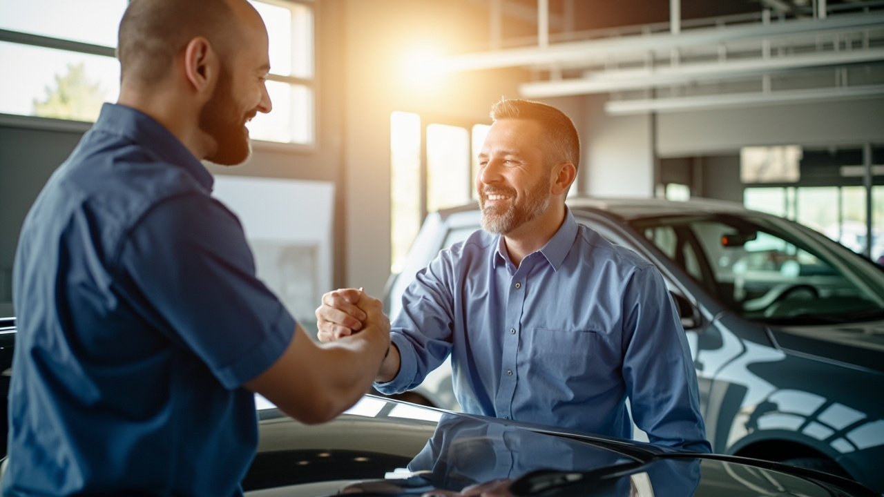 Fast Auto Glass Service, Real Warranty 1 Close-up of a handshake between a customer and a car technician in a clean auto glass shop, symbolizing trust. Keywords include auto glass houston, windshield repair houston.