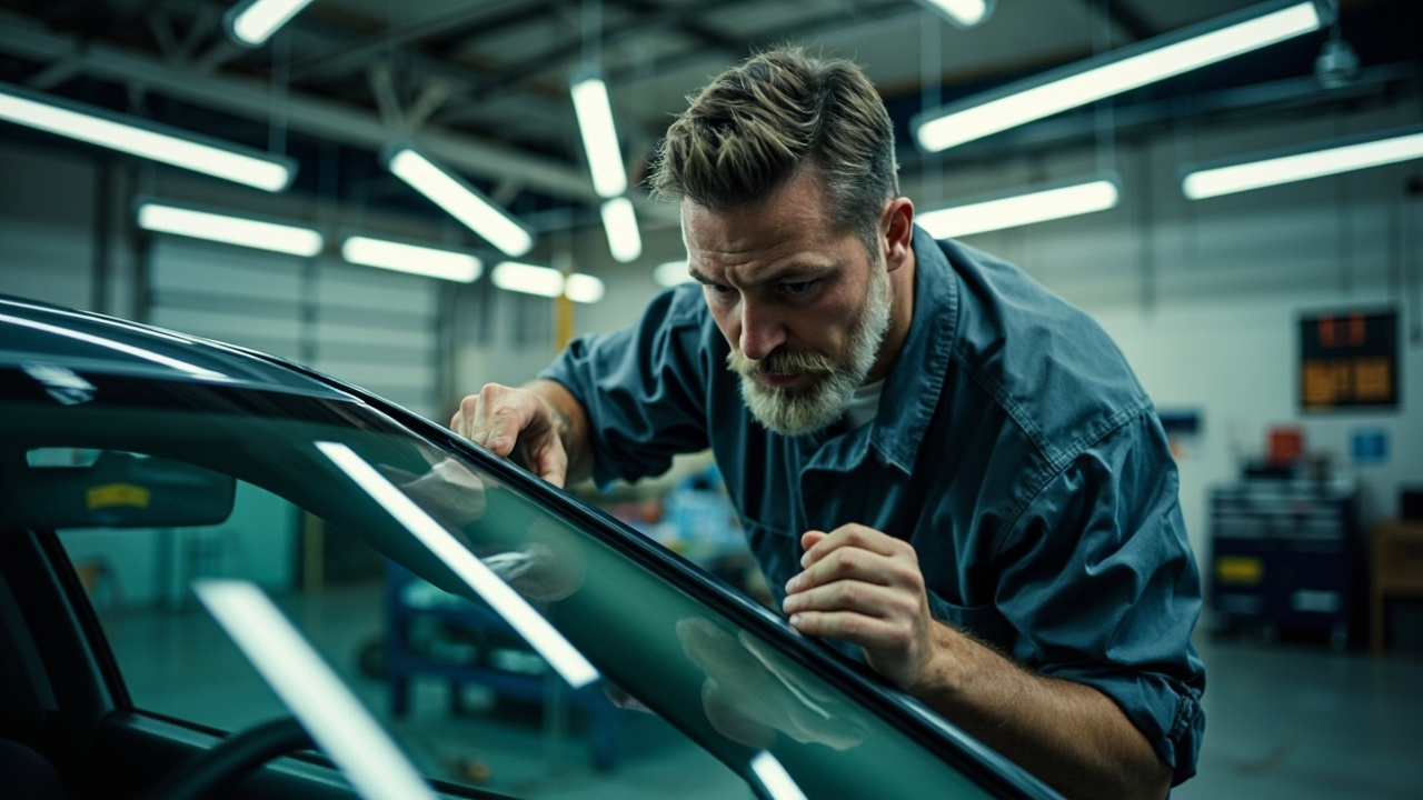 Drive with a Cracked Windshield? 3 A professional auto glass technician in a clean uniform inspecting a car windshield for damage with an assessment tool, relevant for cracked windshield legality.