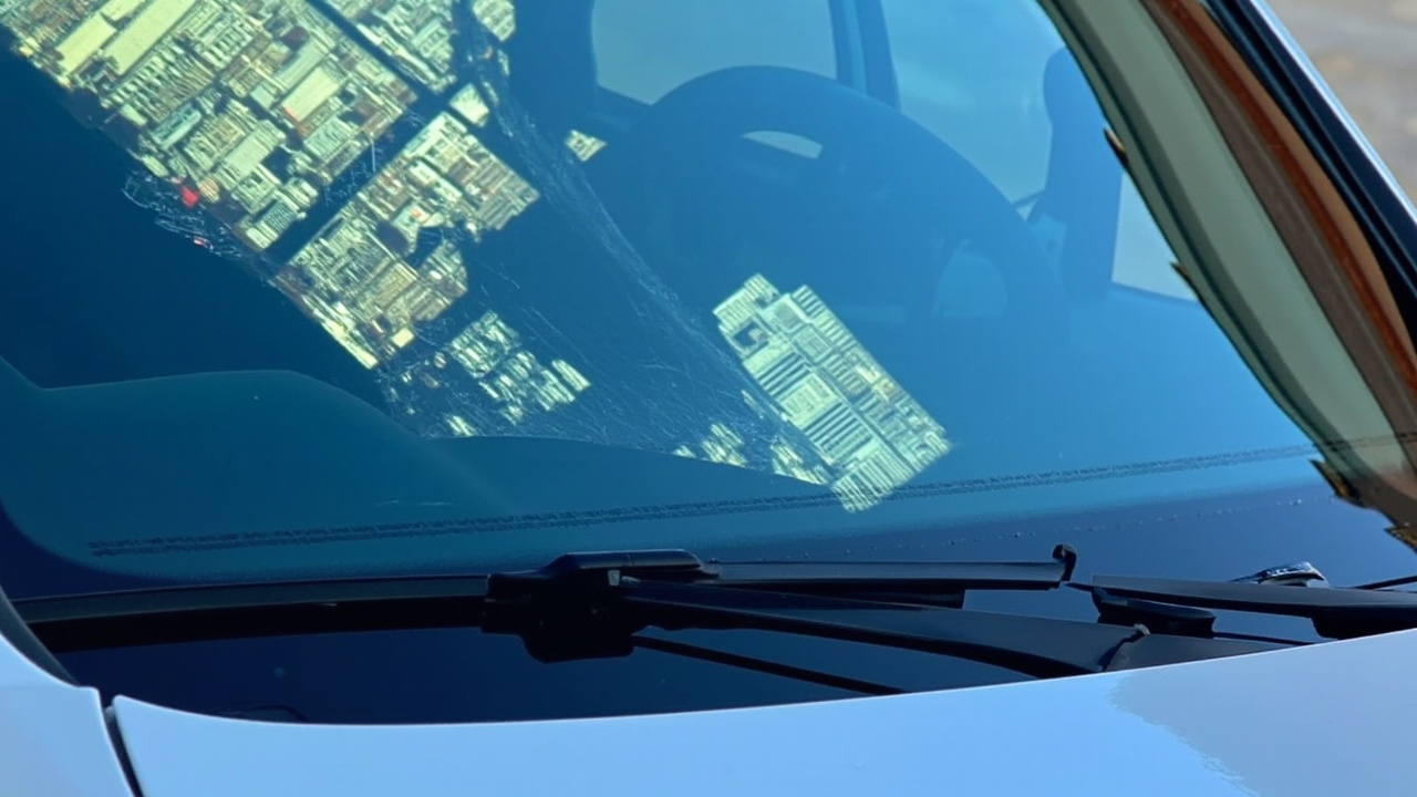 Will Insurance Cover Your Windshield Chip Repair in Houston 1 Close-up of a professionally repaired windshield in houston, reflecting a clear blue sky and subtle scenic elements, showcasing the flawless clarity and durability of the auto glass repair. This image illustrates the result of a successful windshield chip repair, often covered by auto glass insurance.