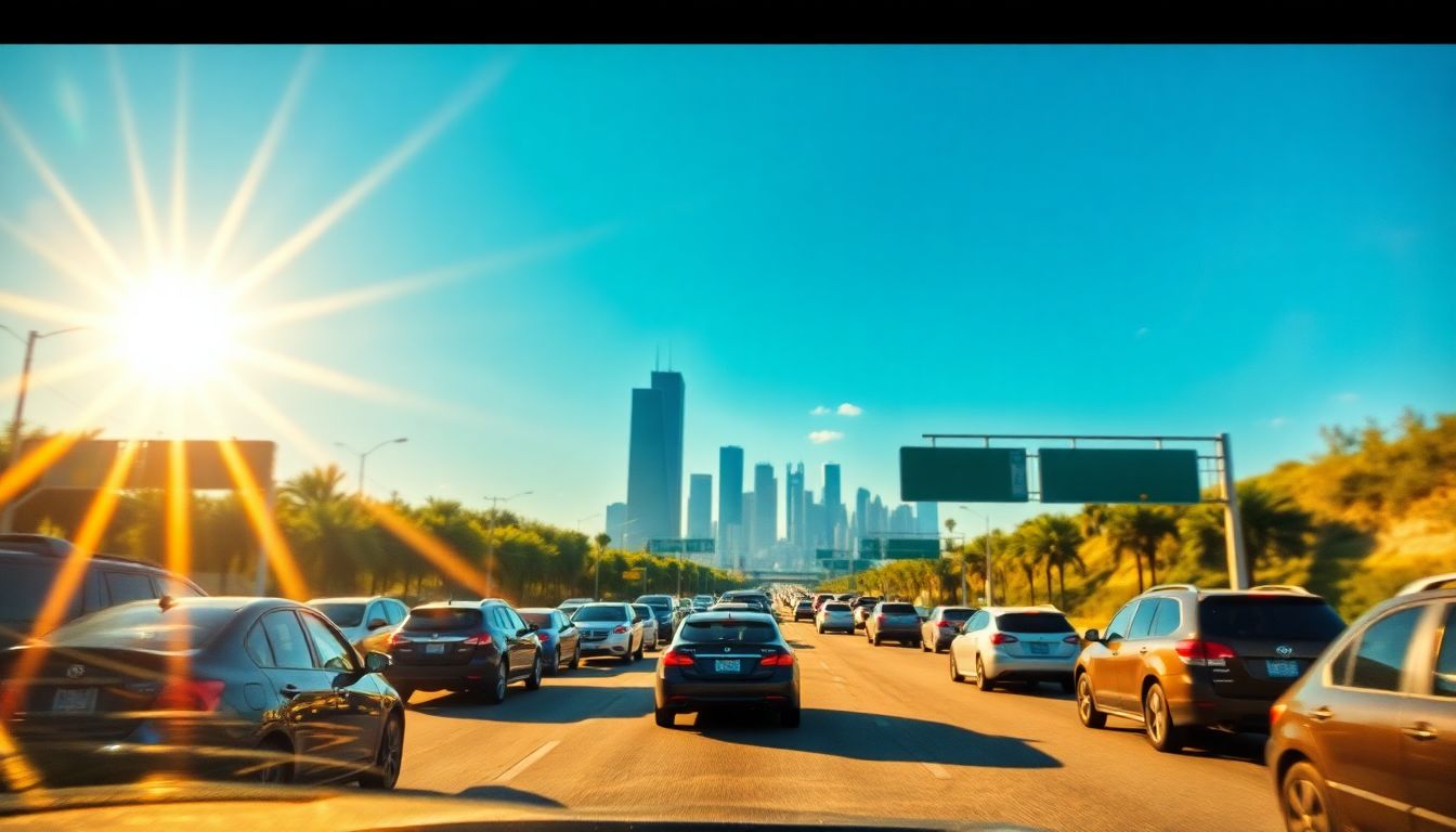 Why Windshield Glare Feels Worse in Houston Summers and Simple Ways to Handle It 1 Wide shot of a houston highway in summer with sunlight glaring off multiple vehicle windshields, heat waves rising from asphalt, and distant city buildings under a clear blue sky, illustrating common issues addressed by auto glass repair and windshield replacement.