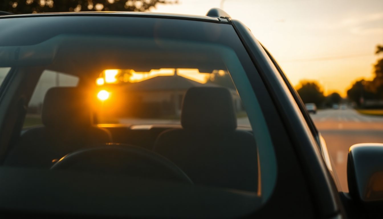 Why Windshield Glare Feels Worse in Houston Summers and Simple Ways to Handle It 3 Serene evening view of a parked vehicle in houston suburbs, with a pristine windshield reflecting golden sunset light, showcasing clear auto glass free of glare or distortions, ideal for windshield repair and replacement.