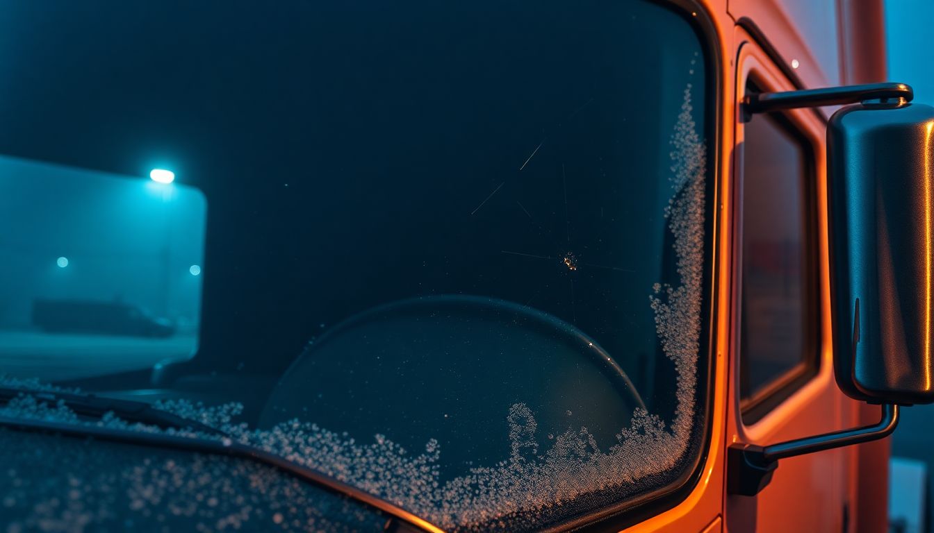 How Temperature Swings Can Crack Your Windshield Overnight 1 Photorealistic wide shot of a parked semi-truck windshield in a foggy industrial lot at night, featuring subtle frost patterns and a small chip from temperature fluctuations, in cool blue tones with low-key lighting highlighting potential need for auto glass repair.