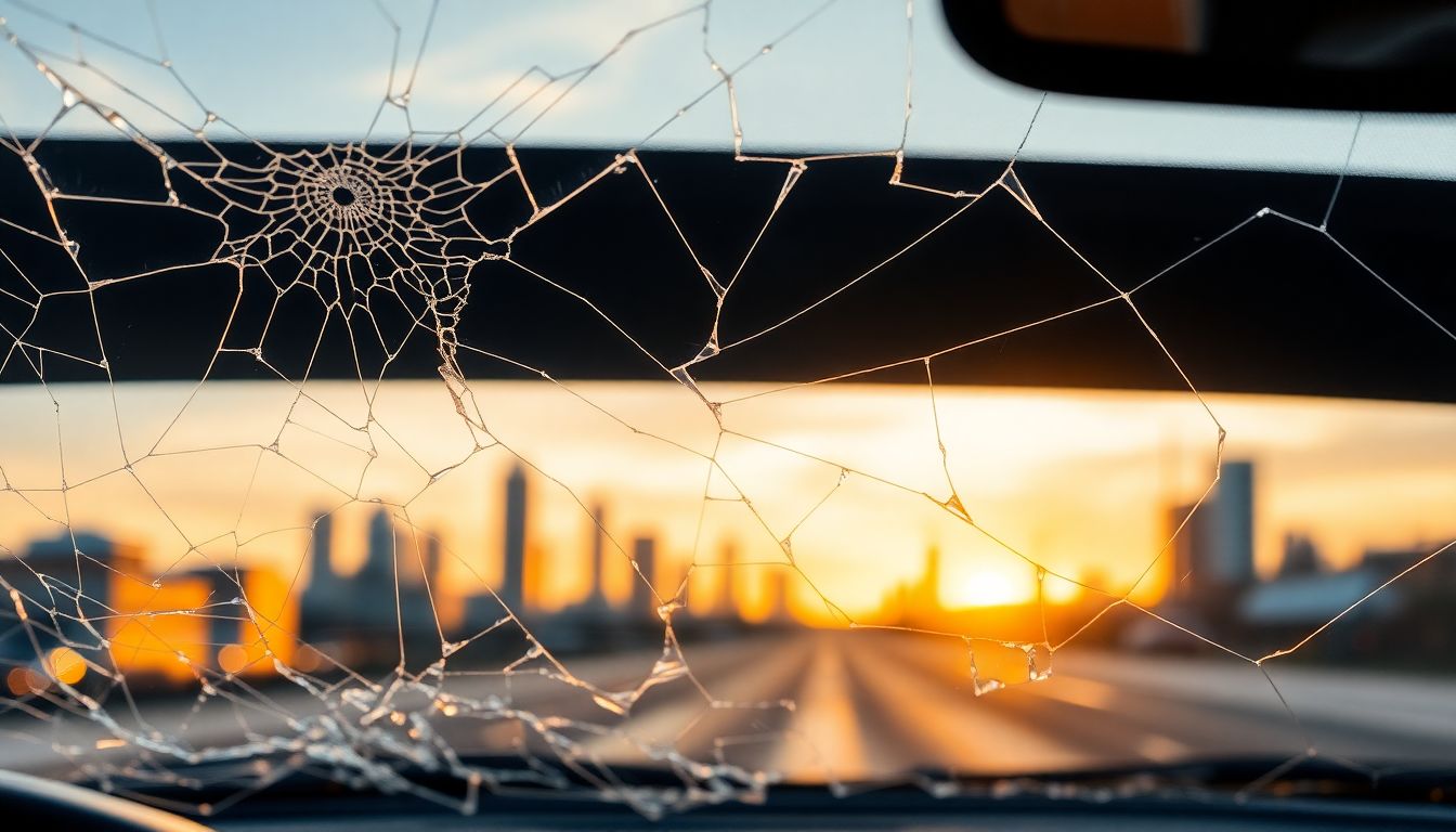 How Temperature Swings Can Crack Your Windshield Overnight 2 Abstract close-up of a windshield crack caused by temperature fluctuations, featuring intricate web-like patterns on auto glass illuminated by soft evening light, with blurred city skyline reflections in the background.