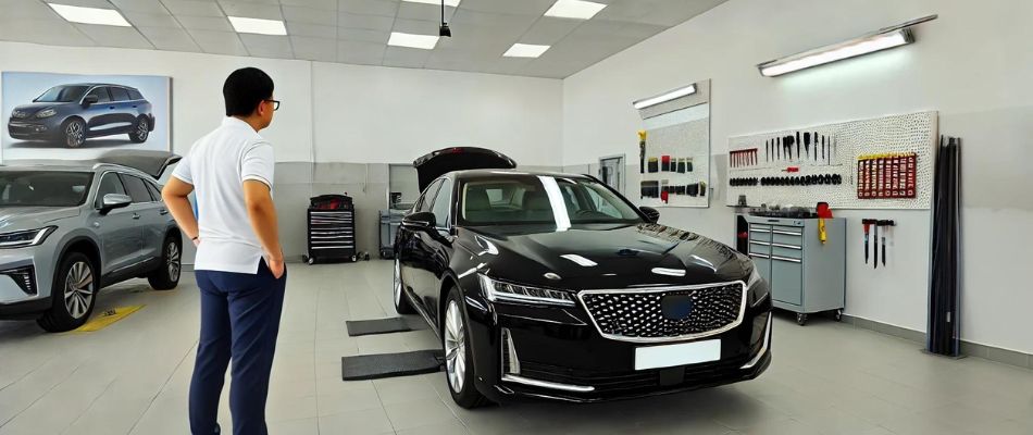 Customer watching an auto technician perform a windshield replacement on a luxury black sedan in a clean auto glass shop.