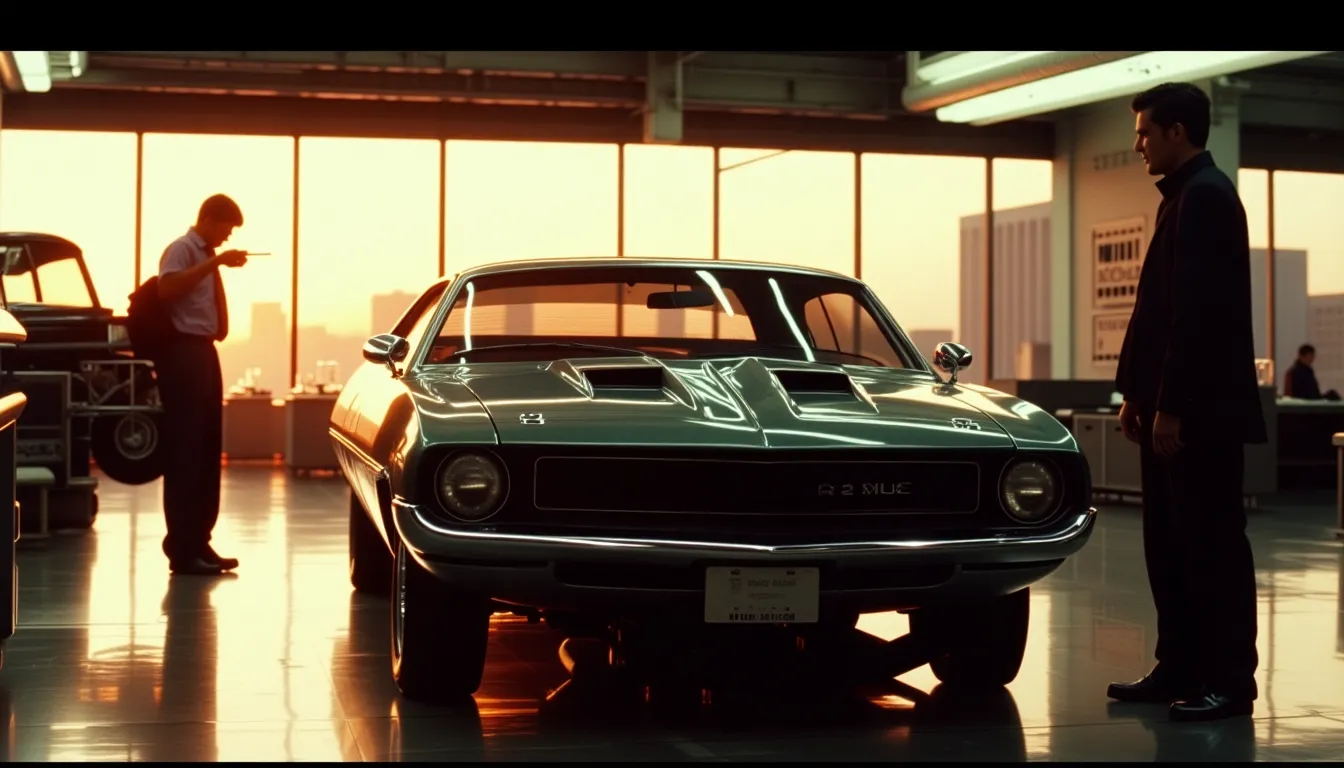 Restored classic muscle car with freshly installed windshield reflecting Houston skyline in a modern auto glass workshop at golden hour.