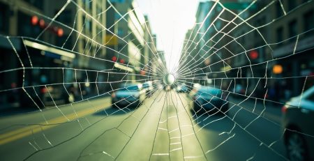 Close-up image of a cracked windshield on a sunny day, showcasing the intricate crack details taken with a Hasselblad X2D 100C camera, highlighting the need for auto glass repair by Uni Auto Glass Houston.
