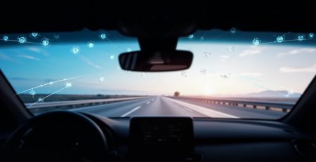 A close-up view of the ADAS camera and sensor array integrated at the top-center of a windshield, glowing blue, with a clear highway visible in the background, symbolizing safe journeys. Includes keywords like windshield calibration and ADAS calibration.