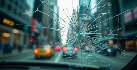 A close-up shot of a cracked windshield with blurred city background, highlighting the importance of windshield chip repair in Houston.