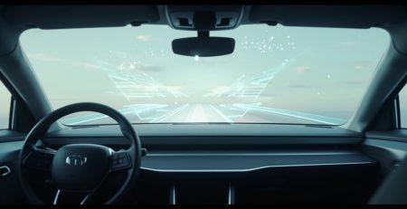 A futuristic car windshield displaying augmented reality navigation and speed overlays, highlighting advanced auto glass technology.