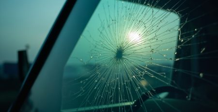 Detailed close-up shot of a semi-truck windshield showing a manageable star-shaped crack, useful for truck windshield replacement in Houston.