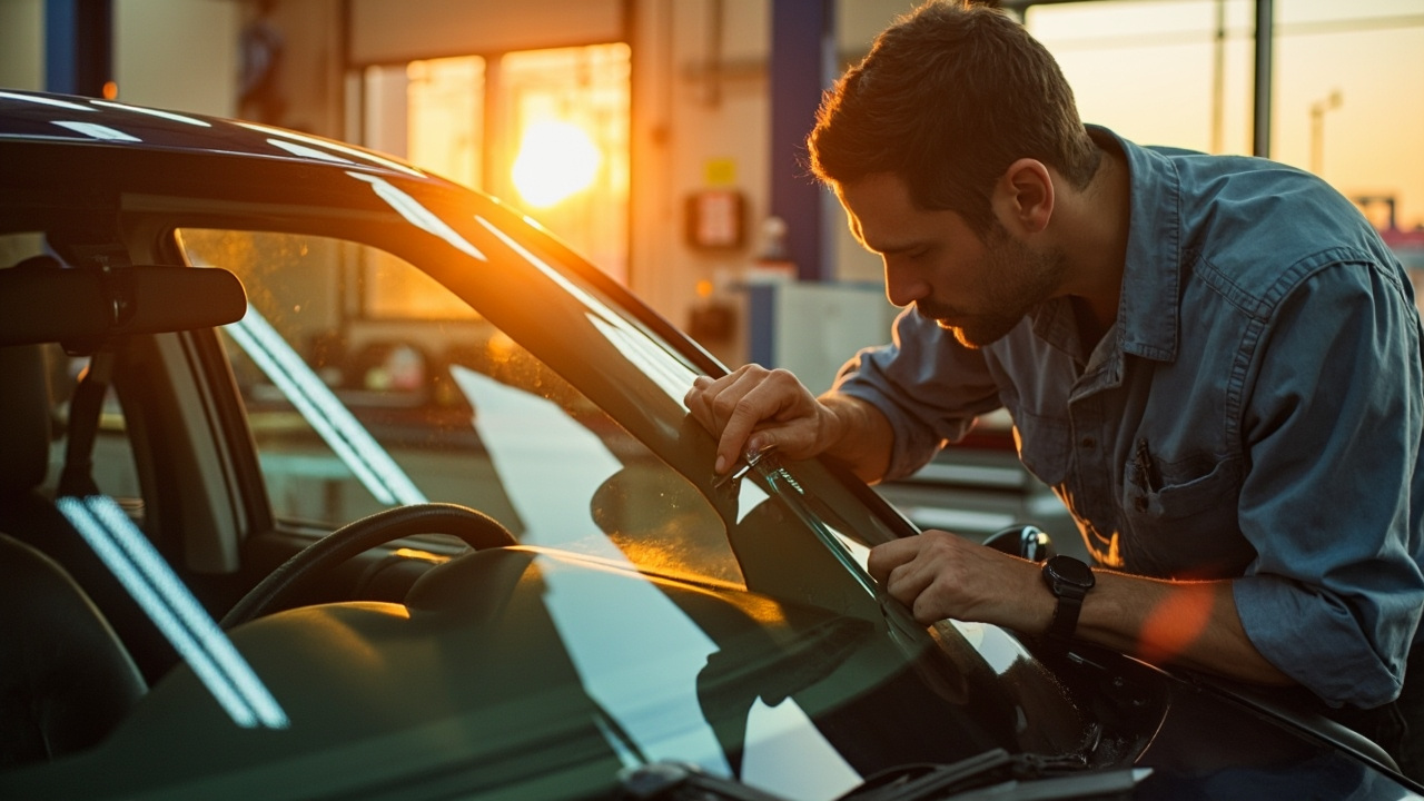 Quick Windshield Chip Repair in Houston 1 An auto glass technician in houston performing windshield chip repair during golden hour, showcasing a focused expression in natural light.