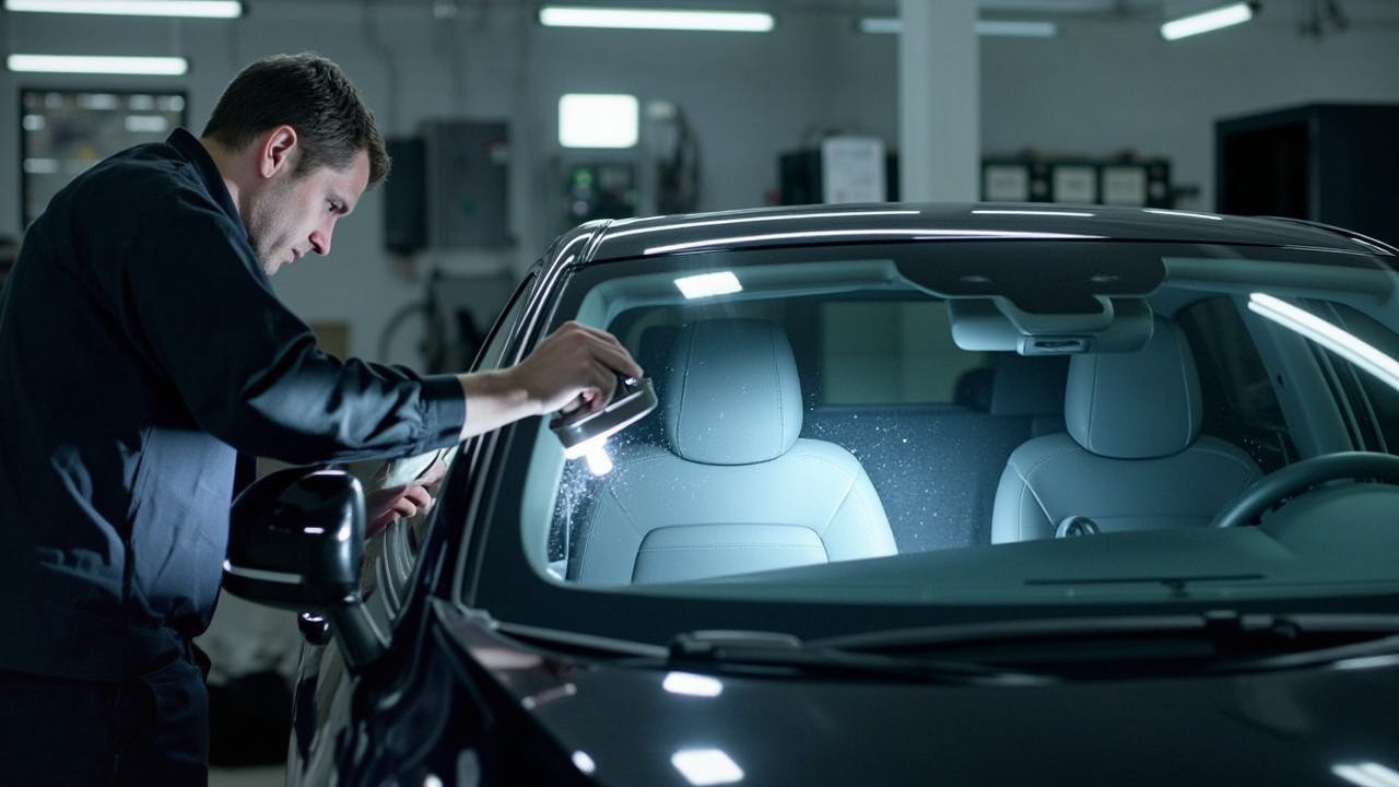 A technician carefully calibrates a vehicle's advanced driver-assistance system (adas) sensors attached to the windshield using specialized tools, highlighting the smart windshield technology and auto glass innovation.