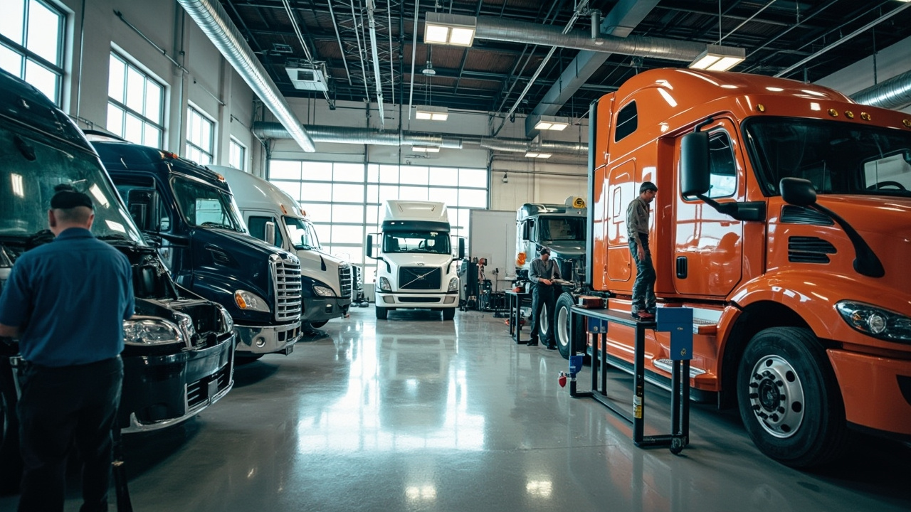 Busy auto glass shop with a car, bus, and semi-truck in various stages of windshield repair in houston.