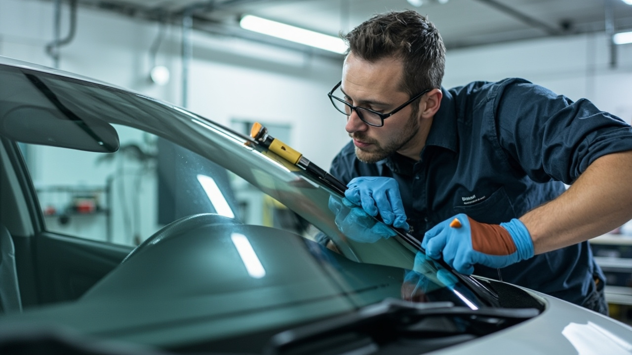 A skilled auto glass technician in houston, wearing protective gloves and eyewear, applies adhesive to a new windshield in a clean auto repair bay, focusing on affordable windshield replacement.