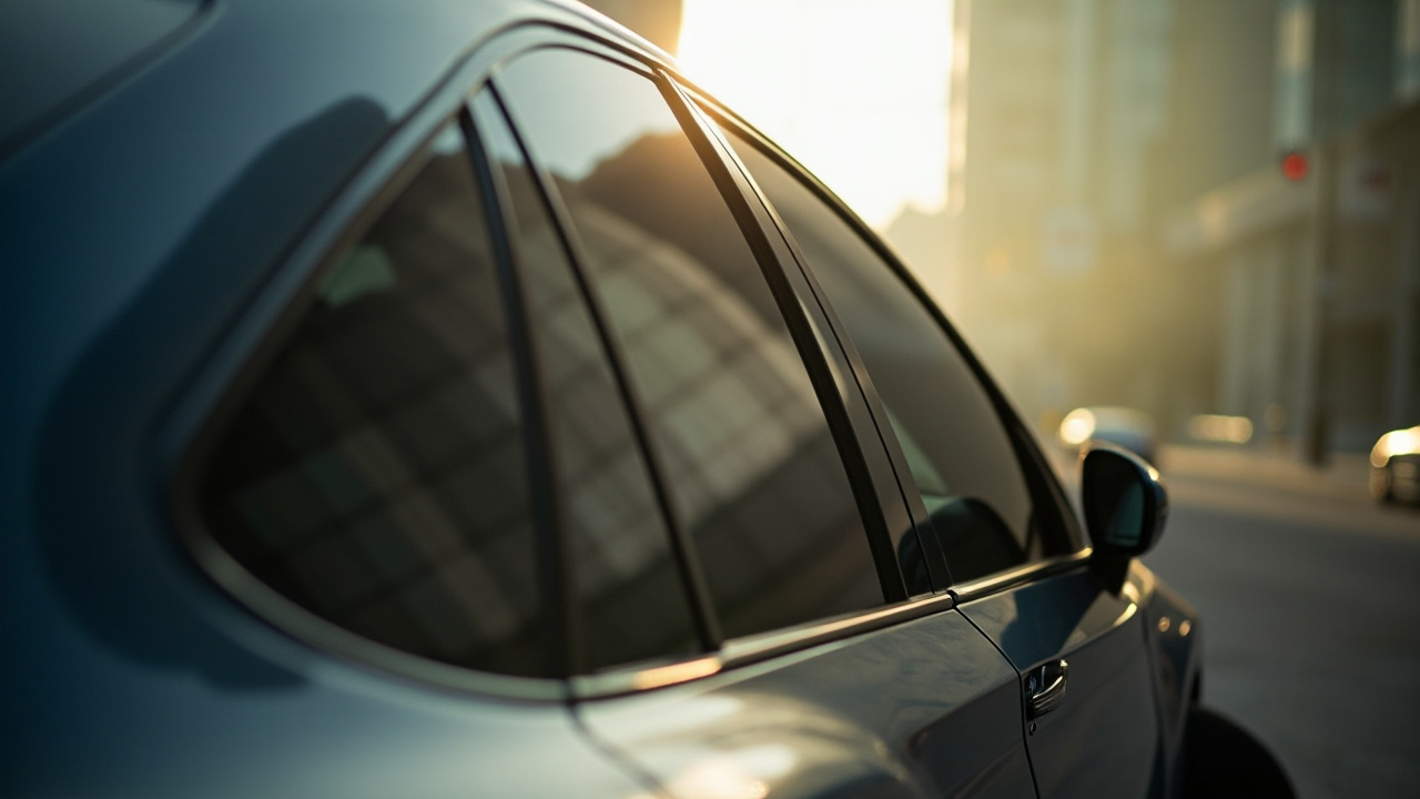 Side profile of a car with moderately dark tinted windows parked on a houston street, bathed in warm, hazy sunlight, highlighting clean lines and tinted glass.