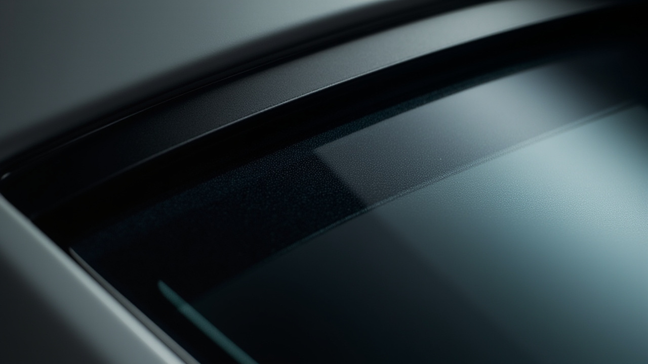 Macro shot highlighting the perfect edge of ceramic tint on a car window, showcasing its smooth application and quality installation. This image represents premium car window tinting services in houston, auto glass.