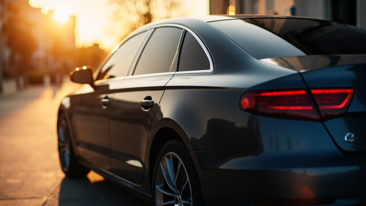 Profile view of a sleek, dark sedan featuring perfectly applied charcoal ceramic tint by houston auto glass specialists, parked under warm afternoon sunlight.