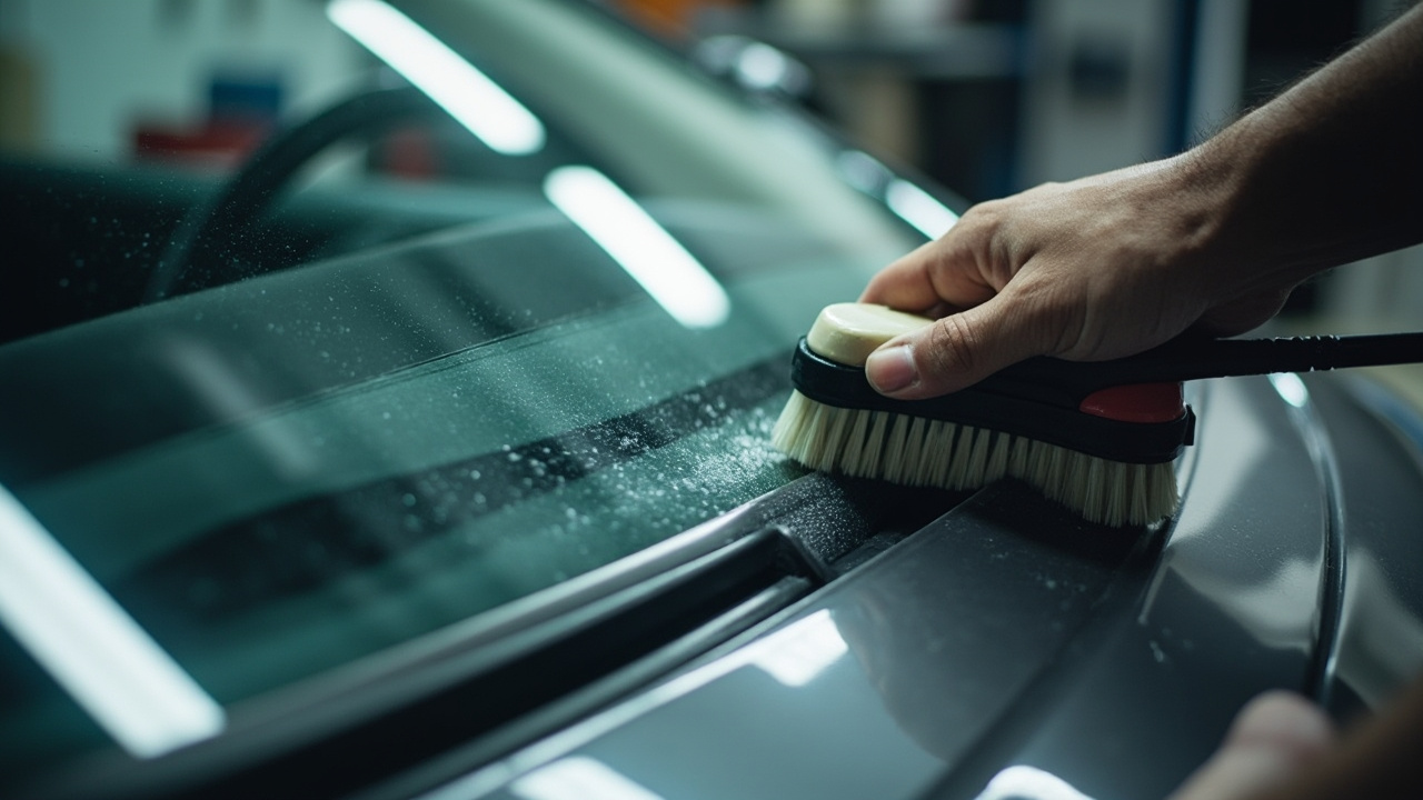 Your Guide to a Clear Interior Windshield 1 Close-up of a detailing brush cleaning the interior base of a car windshield, highlighting the clear windshield and meticulous cleaning process in houston.
