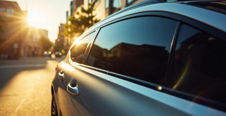 Close-up angled shot of a car side window featuring a deep charcoal ceramic tint. Sunlight reflects brightly on the tinted glass, with a softly blurred Houston street scene in the background.