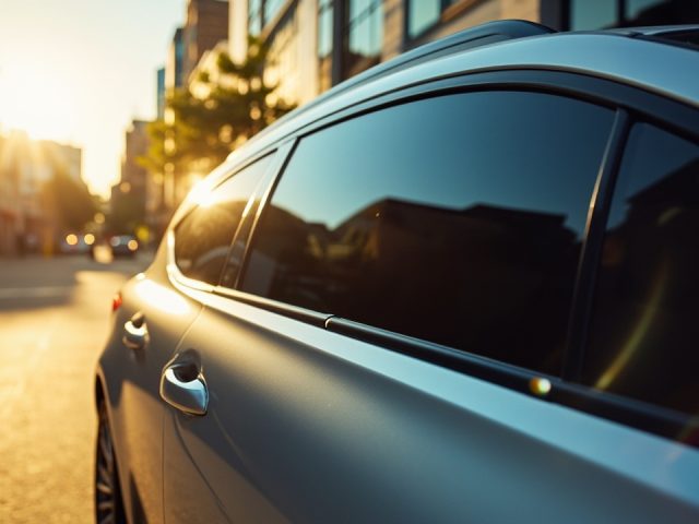 Close-up angled shot of a car side window featuring a deep charcoal ceramic tint. Sunlight reflects brightly on the tinted glass, with a softly blurred Houston street scene in the background.