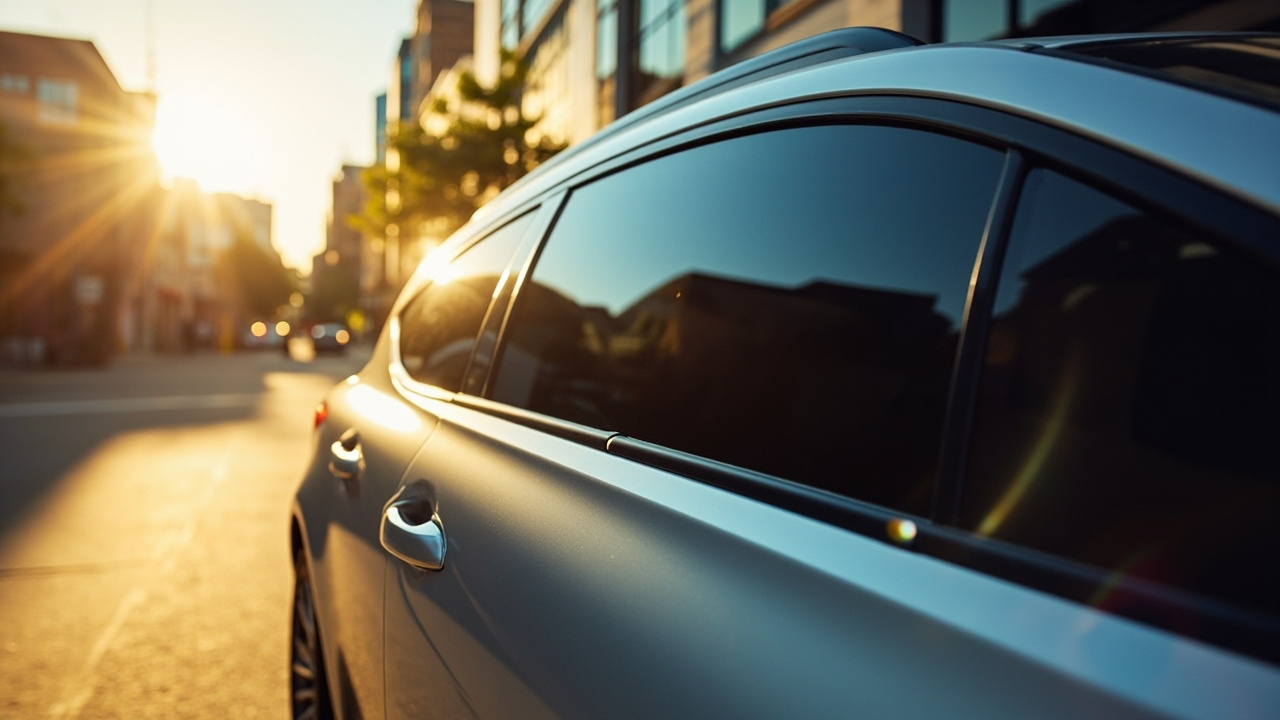 Close-up angled shot of a car side window featuring a deep charcoal ceramic tint. Sunlight reflects brightly on the tinted glass, with a softly blurred Houston street scene in the background.