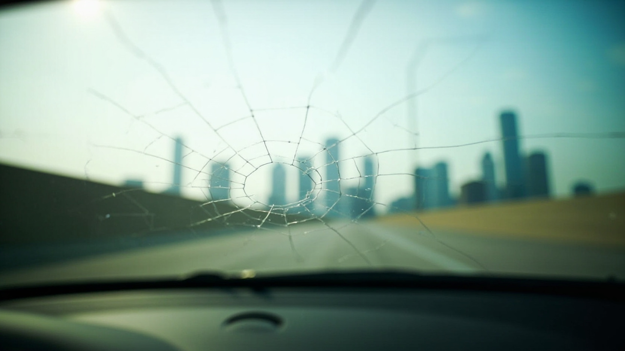 A detailed close-up of a spiderweb crack on a car windshield with a blurred Houston cityscape in the background, illustrating the need for auto glass repair.