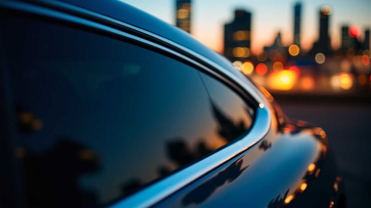 Close-up of a sleek black car's driver-side window, showcasing professional window tinting in Houston with a subtle dark tint. The sun glints off the glass, reflecting a blurred Houston street scene with palm trees, taken with a Hasselblad X2D 100C.