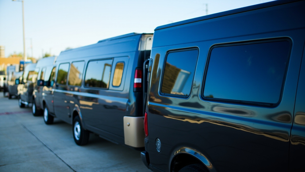 A fleet of commercial vans parked, showcasing professional auto glass tinting in houston. The bright sun highlights the uniform, reflective tint on the windows, emphasizing clean automotive lines.