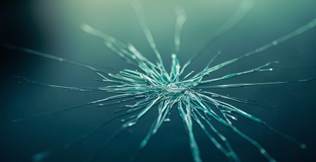 Artistic close-up of a small star-shaped chip on a car windshield, with light refracting through the damaged glass, hinting at a blurred Houston street scene. Photo ideal for affordable auto glass repair or Houston windshield replacement services by Uni Auto Glass.